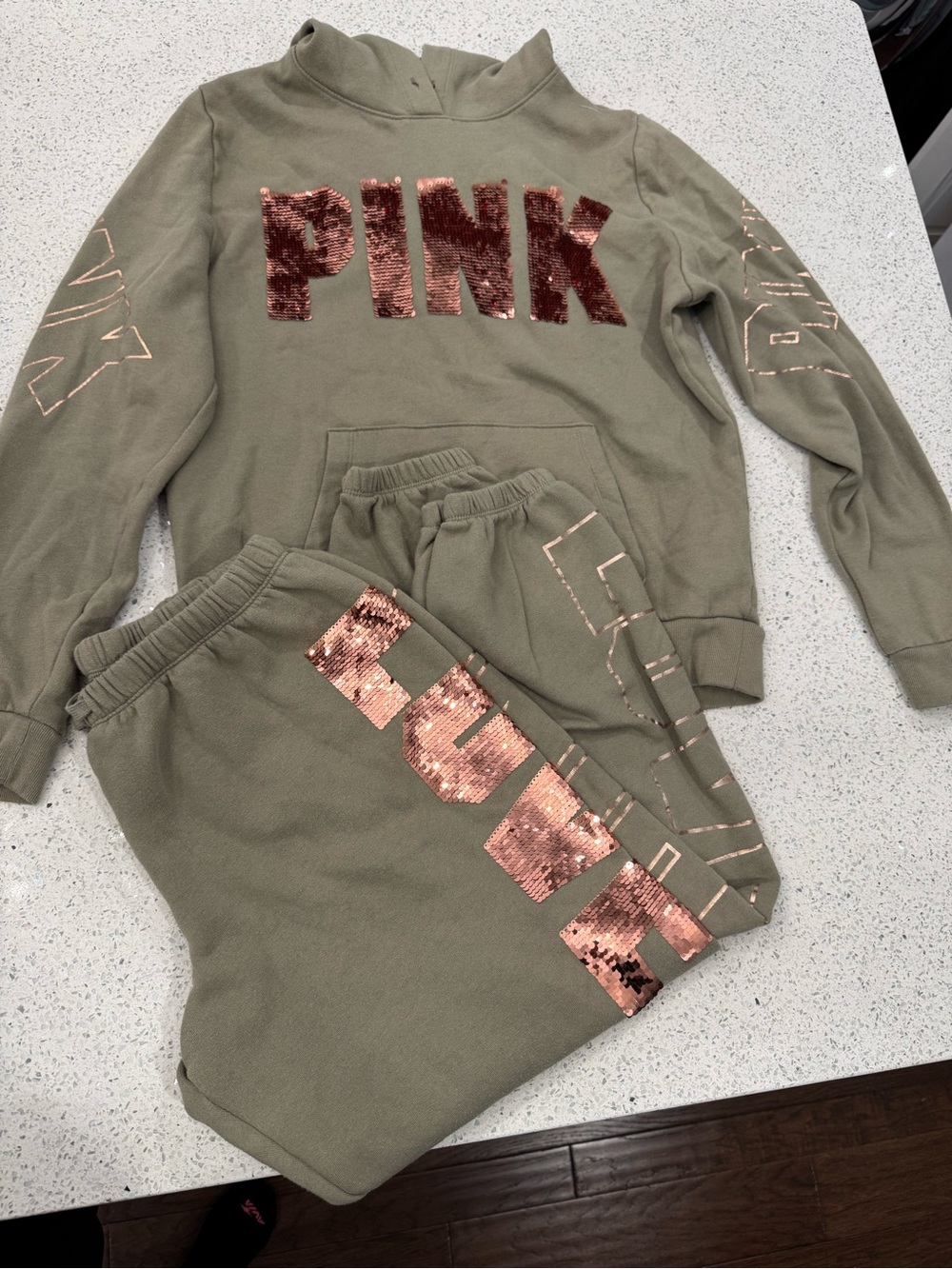 PINK Victoria's Secret Olive Green Hoodie & Joggers with Rose Gold Sequin Logo